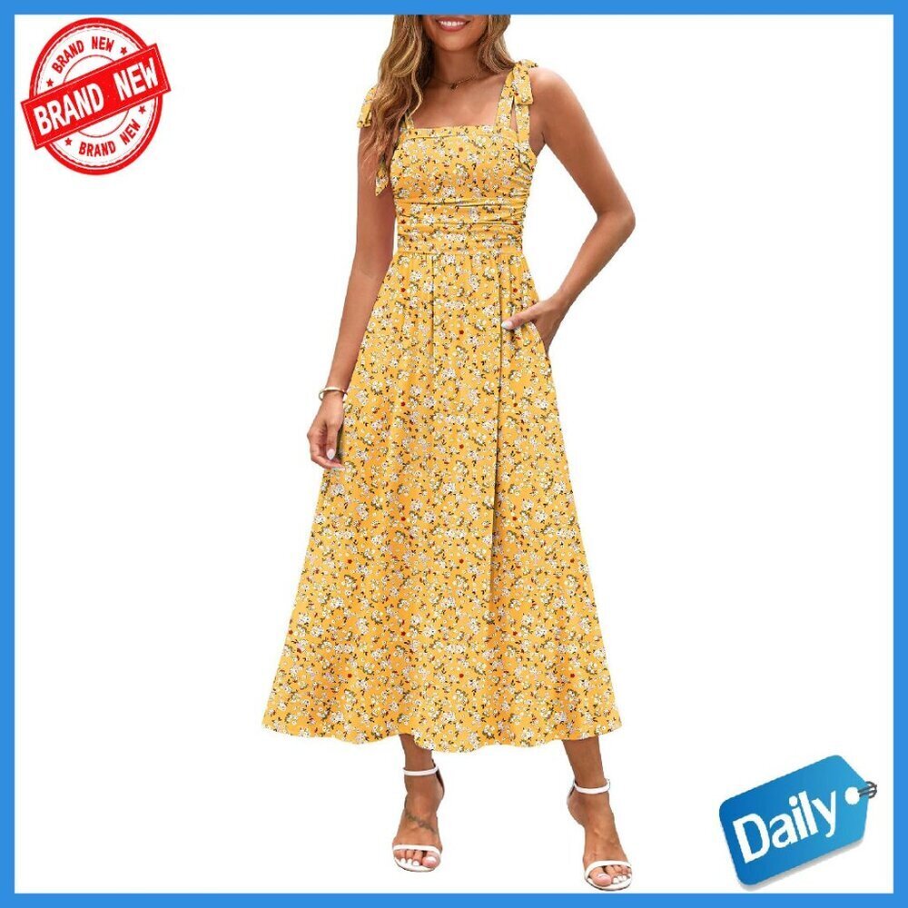 Summer Maxi Dress with Pockets Smocked Back Flowy Beach Vacation